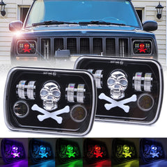 Universal Jeep LED Headlight Projector Skull Style 5x7 Square Sealed Beam With DRL Hi-Low 2 Pcs Set