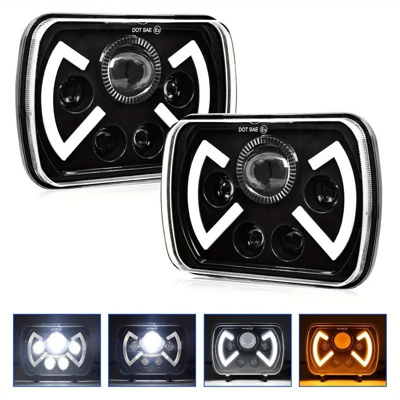 Universal Jeep LED Headlight Projector X Style 5x7 Square Sealed Beam With DRL Hi-Low 2 Pcs Set