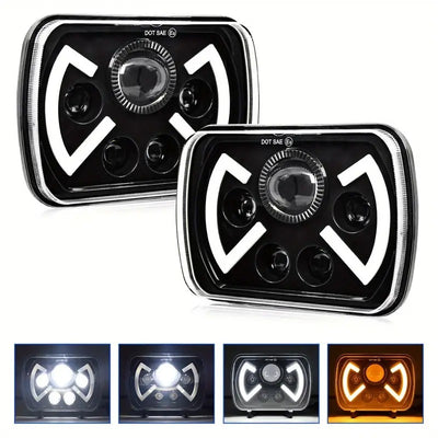 Universal Jeep LED Headlight Projector X Style 5x7 Square Sealed Beam With DRL Hi-Low 2 Pcs Set