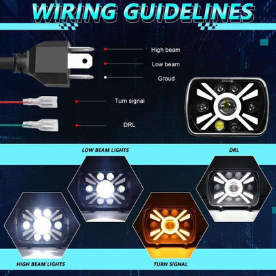 Universal Jeep LED Headlight Projector Zoom Style 5x7 Square Sealed Beam With DRL Hi-Low 2 Pcs Set