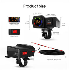 Universal Motorcycle Handlebar Mount Waterproof USB And Type C Charger 12-24V 5V/3.4A With Volt Meter And Temperature 1 Pc