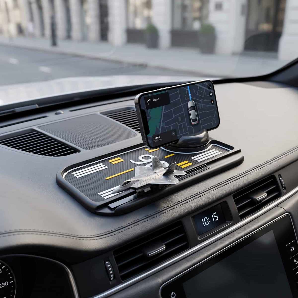 Universal Non-Slip Runway Silicone Anti-Skid Mat 360° Rotating Dashboard Car Phone Holder with Sliding Fighter Jet Model & Smartphone Mount