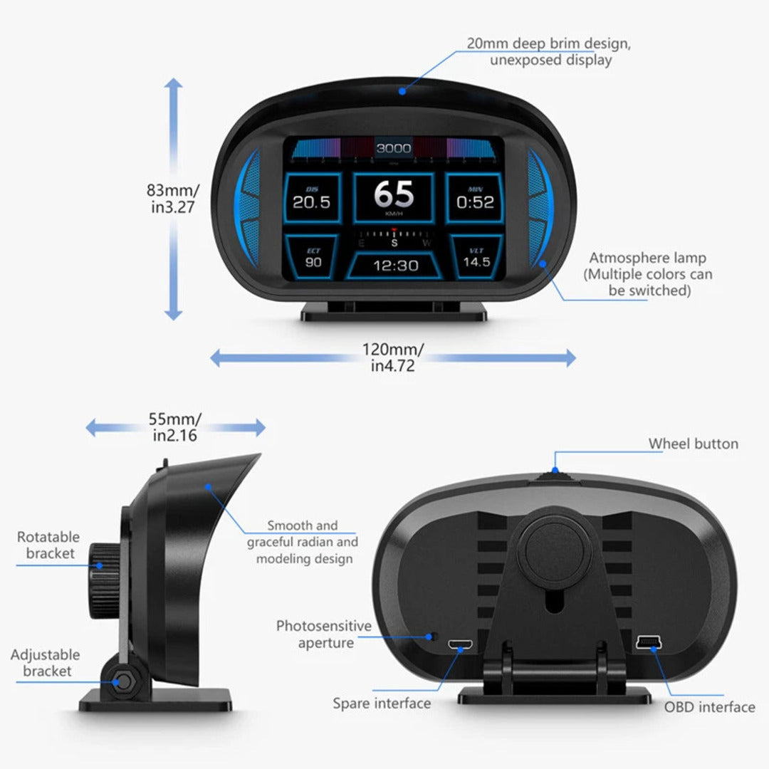 Universal P2 OBD2+GPS HUD Gauge Car Digital Head Up Display Speedometer Turbo RPM Alarm 1 Pc