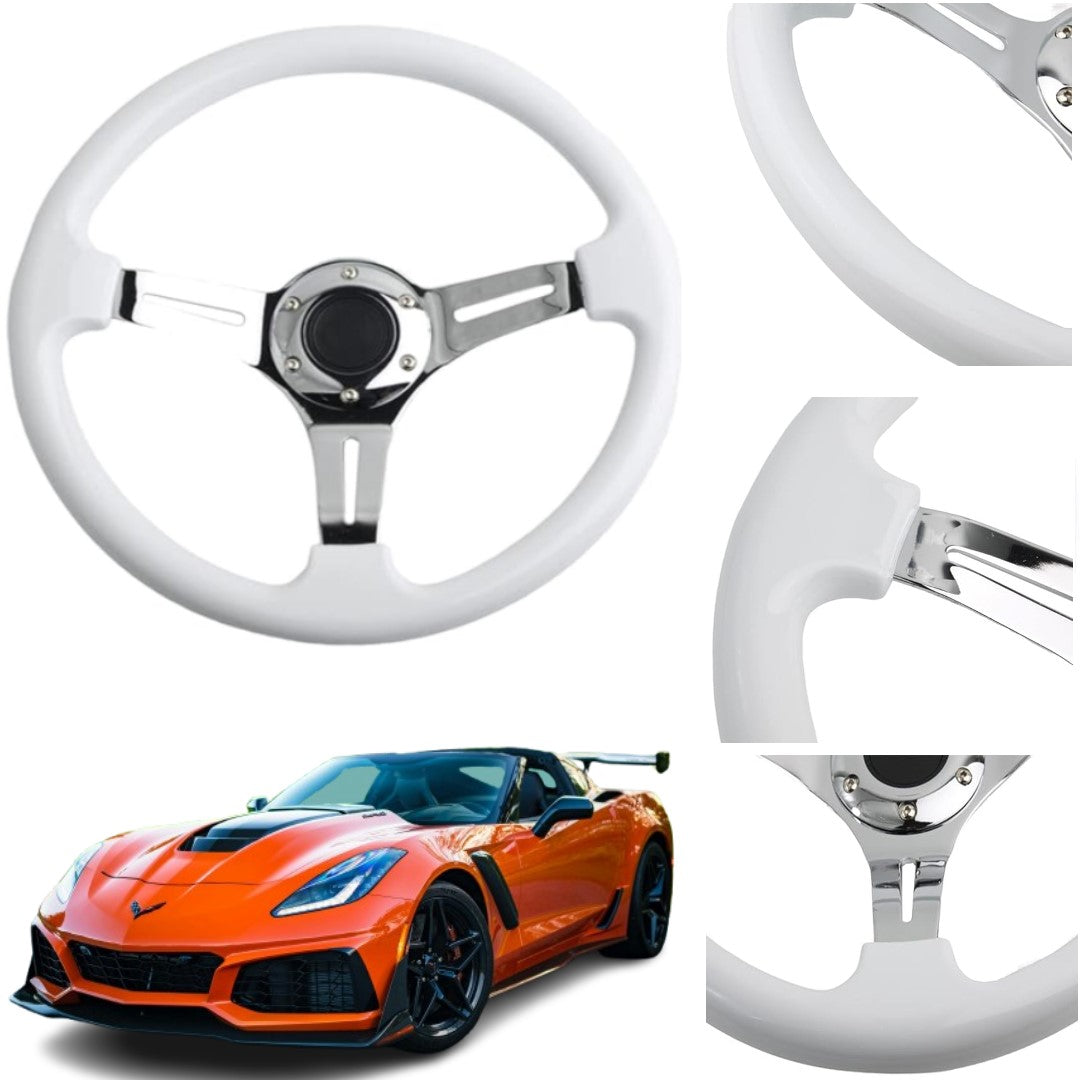 Universal Semi Dish White Chrome Steering Wheel In Premium Quality For Car 1 Pc