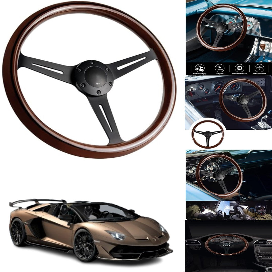 Universal Vintage Style Classic Steering Wheel Wood with Polished Sports Steering Wheel 1 Pc
