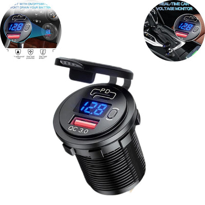 1 Pc Universal 60W PD Type C/QC 3.0 USB Charger Socket With Button Switch LED Voltmeter Fast Charging for 12V 24V