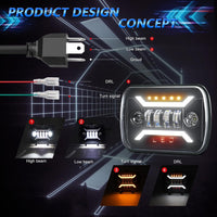 Universal Jeep LED Headlight Projector Bracket Style 5x7 Square Sealed Beam With DRL Hi-Low 2 Pcs Set
