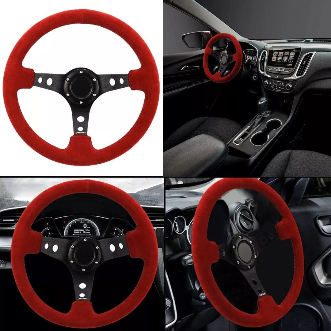 Universal Red Deep Dish Steering With Premium Quality In Alcantara Staff