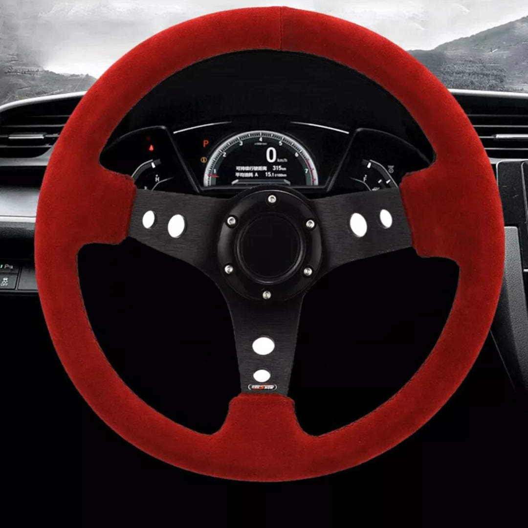 Universal Red Deep Dish Steering With Premium Quality In Alcantara Staff