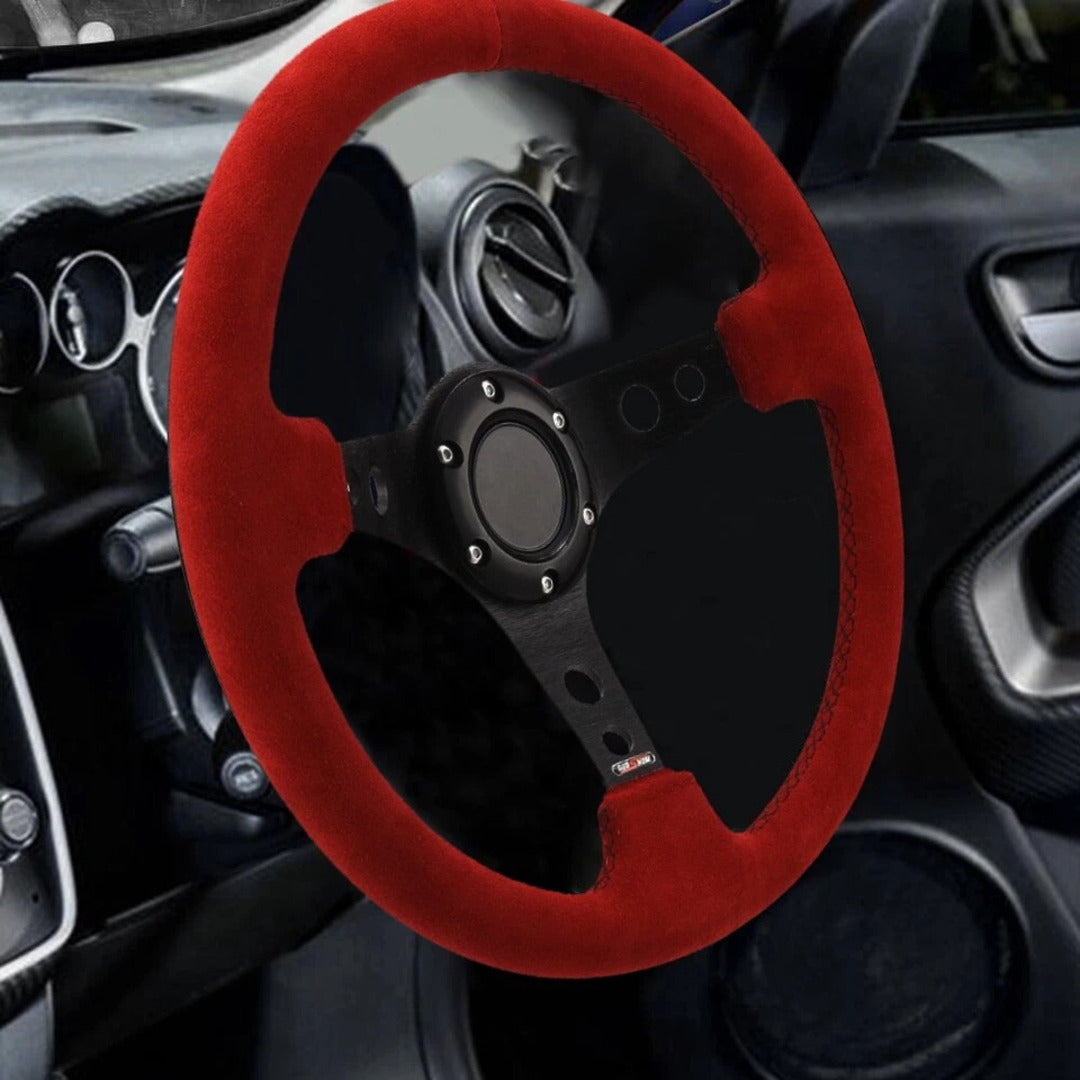 Universal Red Deep Dish Steering With Premium Quality In Alcantara Staff
