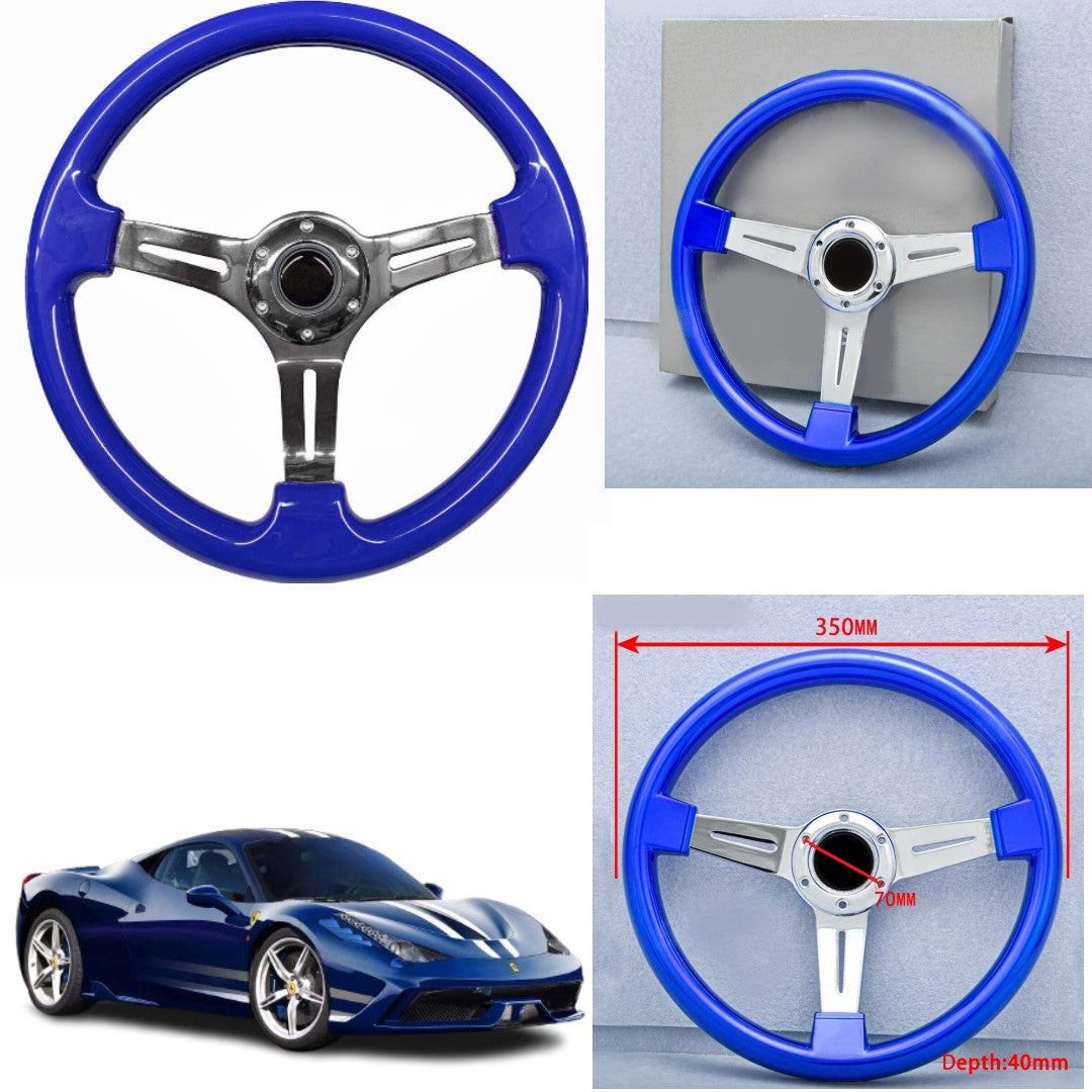 Universal Semi Dish Blue Chrome Steering Wheel In Premium Quality For Car 1 Pc
