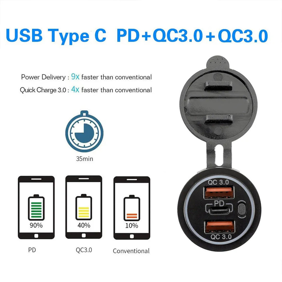 1 Pc Universal USB Dual QC3.0 Rapid Charger Triple Power Socket Car Charger Compatible with PD Type C 12-24v