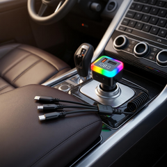 1 Pc Universal Elite Series 3 in 1 Car Charger Dynamic RGB Glow Digital Voltage Display Integrated Triple-Connector Fast Charge Cable