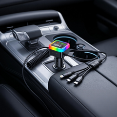 1 Pc Universal Elite Series 3 in 1 Car Charger Dynamic RGB Glow Digital Voltage Display Integrated Triple-Connector Fast Charge Cable