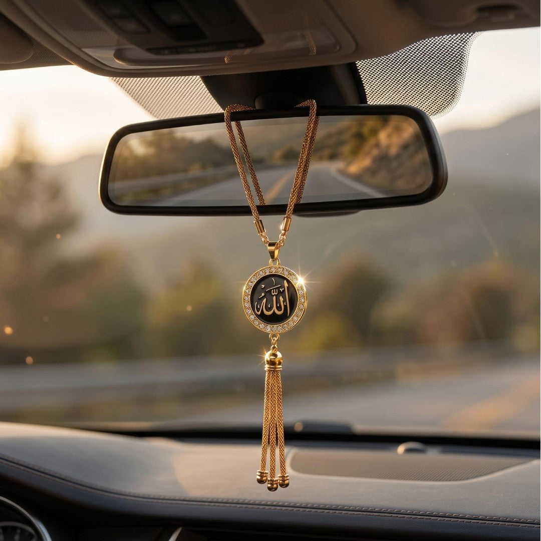 1 Pc Universal Islam Crystal Round Metal Pendant Arabic Calligraphy Hanging Decoration Piece For Car (Black)