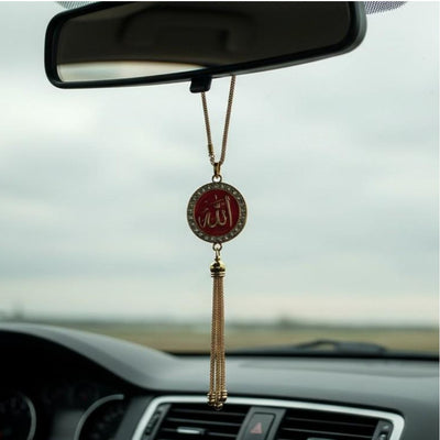 1 Pc Universal Islam Crystal Round Metal Pendant Arabic Calligraphy Hanging Decoration Piece For Car (Red)