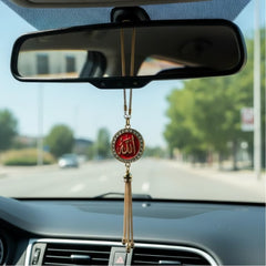 1 Pc Universal Islam Crystal Round Metal Pendant Arabic Calligraphy Hanging Decoration Piece For Car (Red)