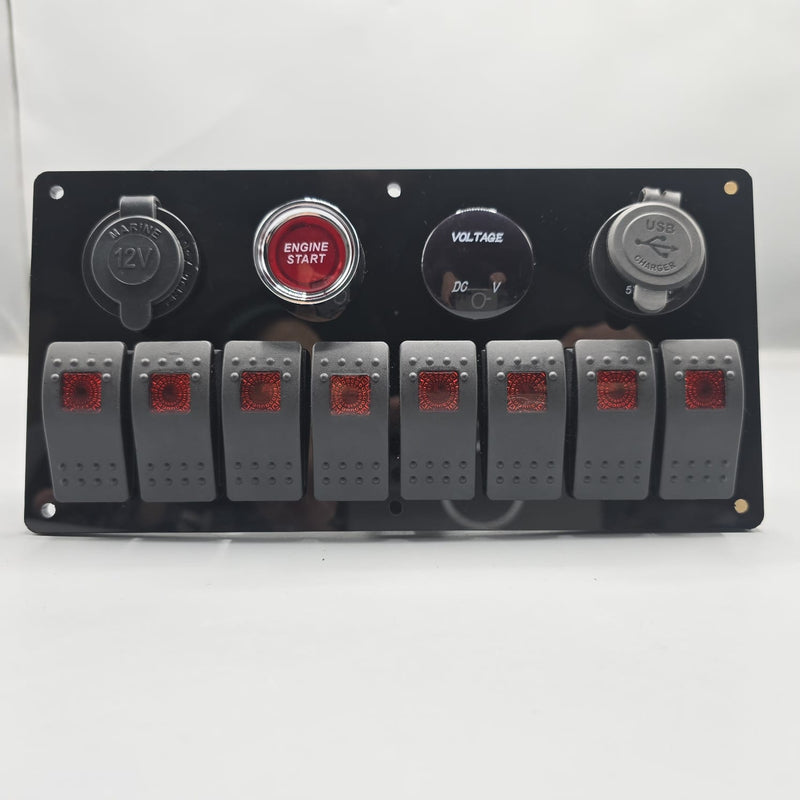 Universal 9-inch Switch Panel With On/Off Rocker Light Switches +12V Power Outlet +Push Button +Led Voltmeter+USB Charger 3.0(Red)