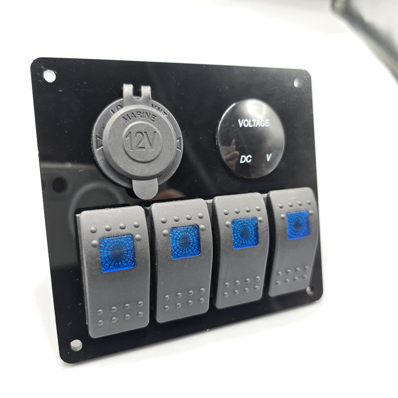 Universal 5-inch Switch Panel With Rocker Switches +12V Power Outlet + LED Voltmeter (Blue)