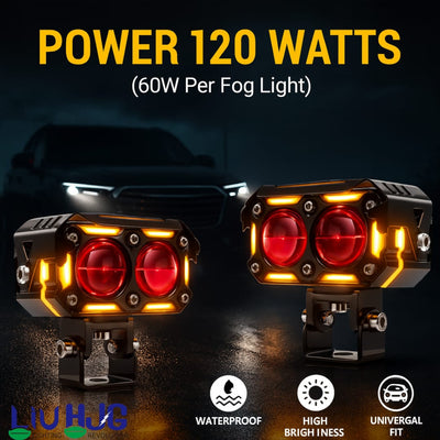 1 Pc Universal HJG H-S77 2 Lens Waymaker Pro 60W Foglight White/Yellow Spot