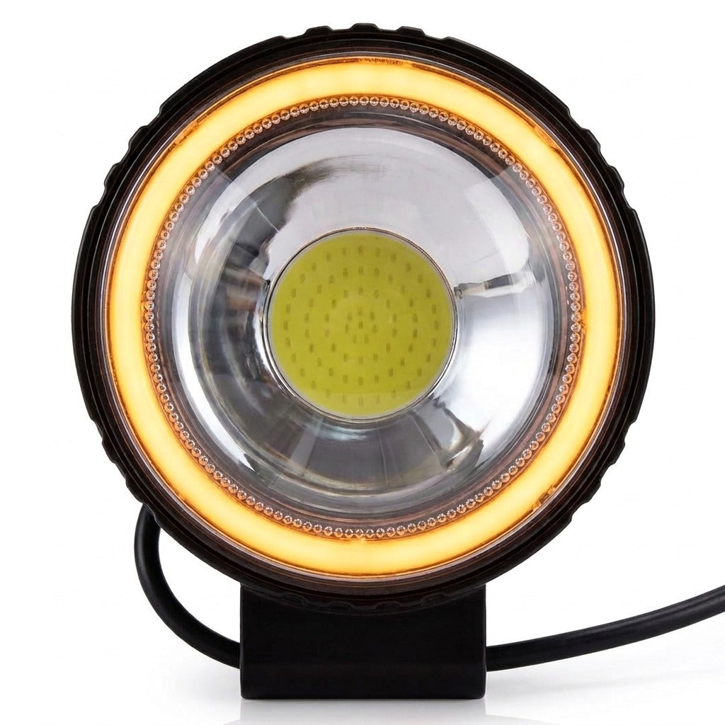 Universal Round LED Floodlight With Amber DRL Ring For Motorcycles & Off-Road Vehicles