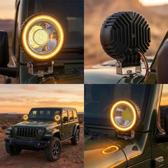 Universal Round LED Floodlight With Amber DRL Ring For Motorcycles & Off-Road Vehicles