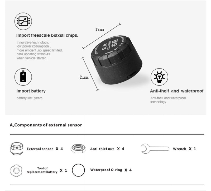 TPMS Tire Pressure Monitoring System With Parking Solar Charging LCD Display Screen Tyre Pressure Sensors 1 Pc