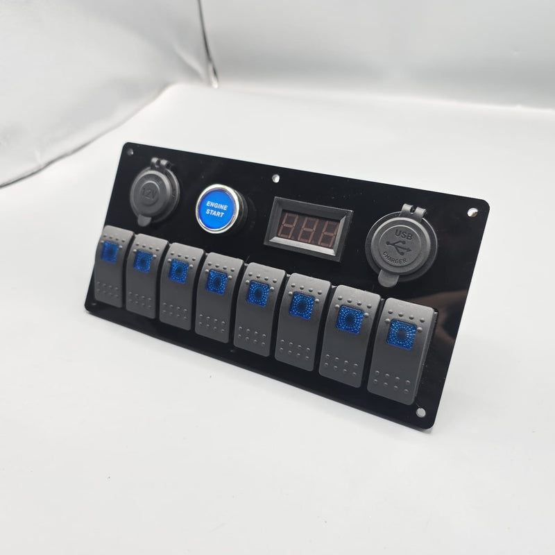 Universal 9-inch Switch Panel With On/Off Rocker Light Switches +12V Power Outlet +Push Button +Led Voltmeter+USB Charger 3.0(Blue)