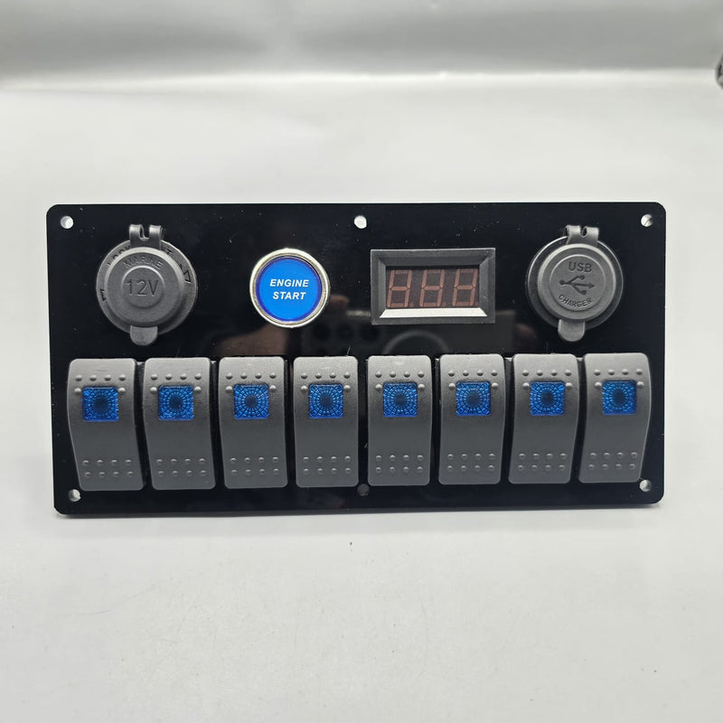 Universal 9-inch Switch Panel With On/Off Rocker Light Switches +12V Power Outlet +Push Button +Led Voltmeter+USB Charger 3.0(Blue)