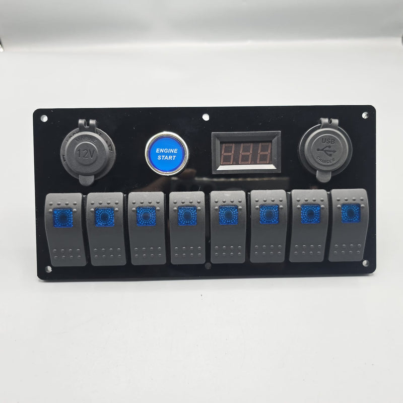 Universal 9-inch Switch Panel With On/Off Rocker Light Switches +12V Power Outlet +Push Button +Led Voltmeter+USB Charger 3.0(Blue)