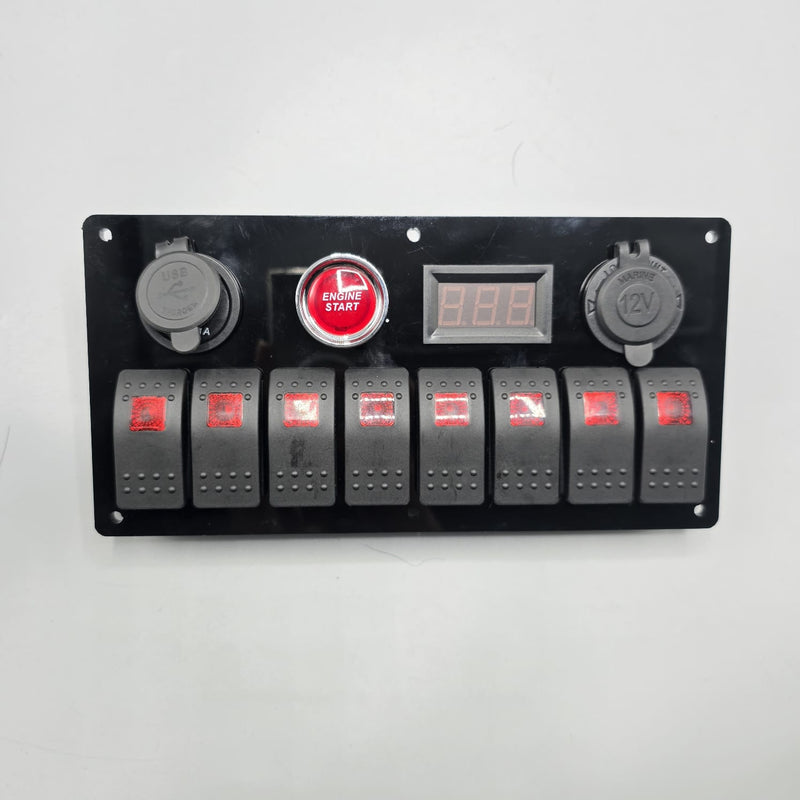 Universal 9-inch Switch Panel With On/Off Rocker Light Switches +12V Power Outlet +Push Button +Led Voltmeter+USB Charger 3.0(Red)