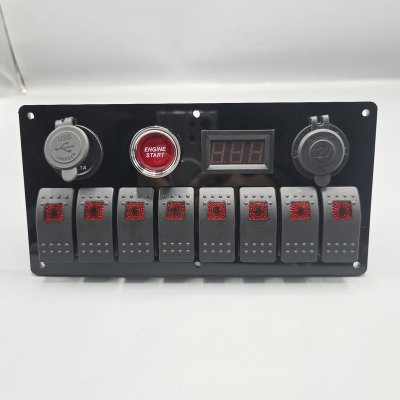 Universal 9-inch Switch Panel With On/Off Rocker Light Switches +12V Power Outlet +Push Button +Led Voltmeter+USB Charger 3.0(Red)