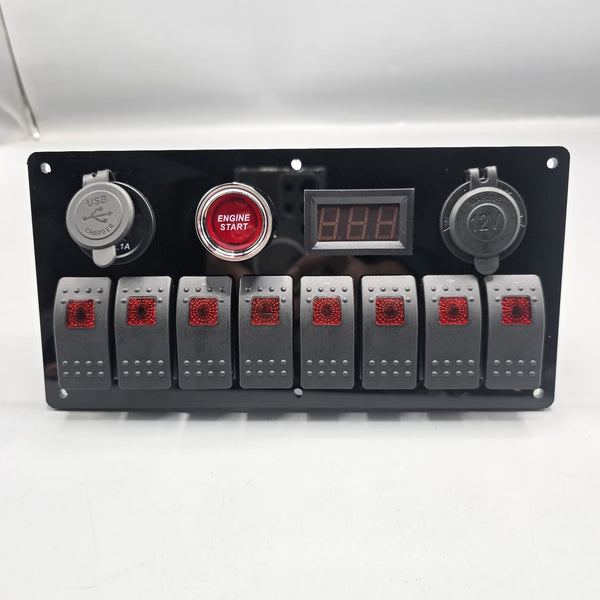 Universal 9-inch Switch Panel With On/Off Rocker Light Switches +12V Power Outlet +Push Button +Led Voltmeter+USB Charger 3.0(Red)