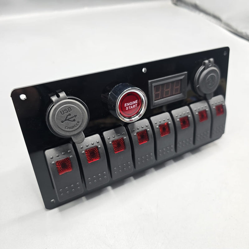 Universal 9-inch Switch Panel With On/Off Rocker Light Switches +12V Power Outlet +Push Button +Led Voltmeter+USB Charger 3.0(Red)