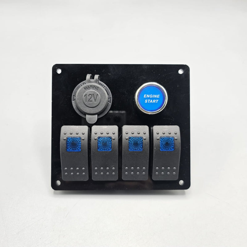 Universal 5-inch Switch Panel With Rocker Switches +12V Power Outlet + Push Start (Blue)