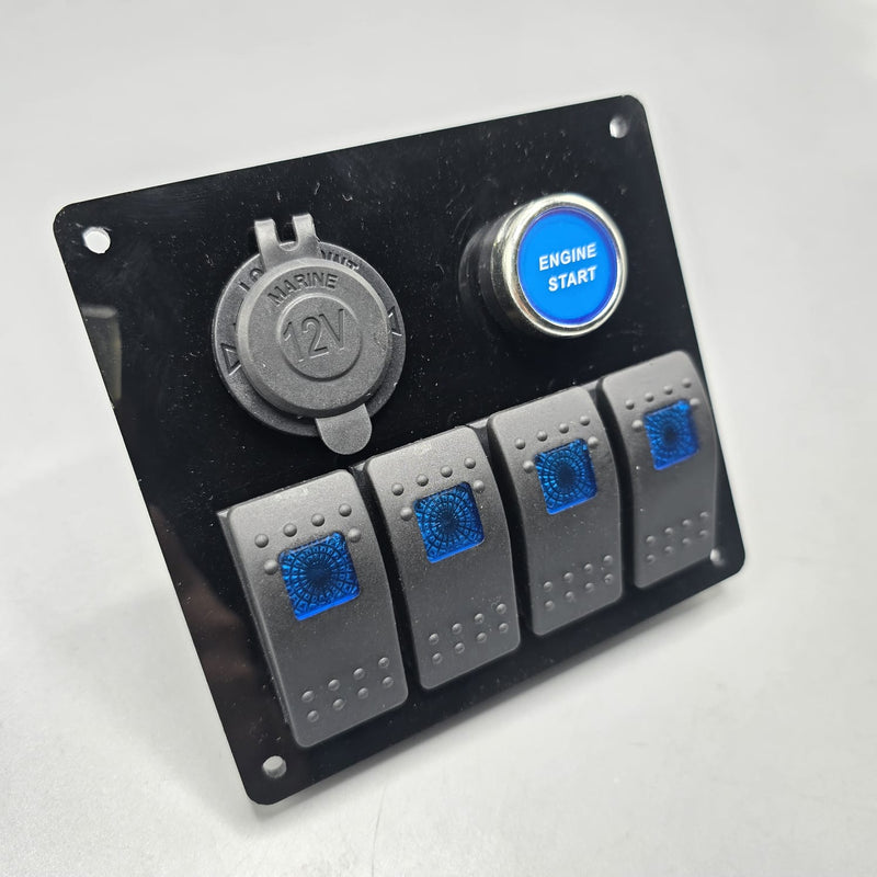 Universal 5-inch Switch Panel With Rocker Switches +12V Power Outlet + Push Start (Blue)