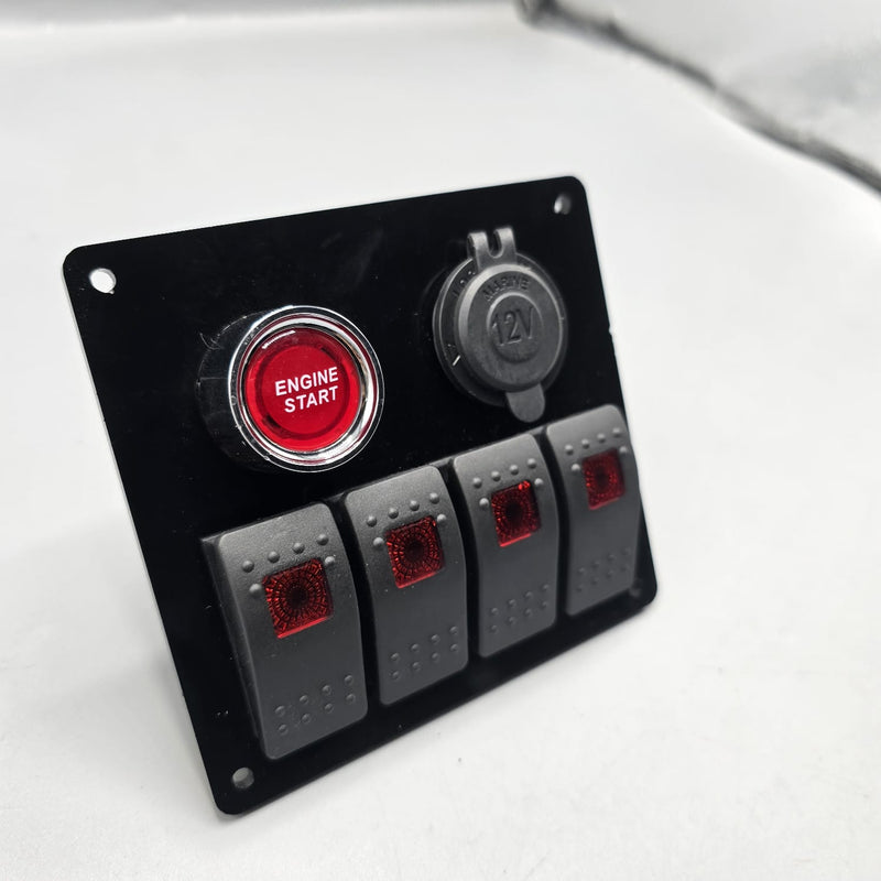 Universal 5-inch Switch Panel With Rocker Switches +12V Power Outlet + Push Button (Red)