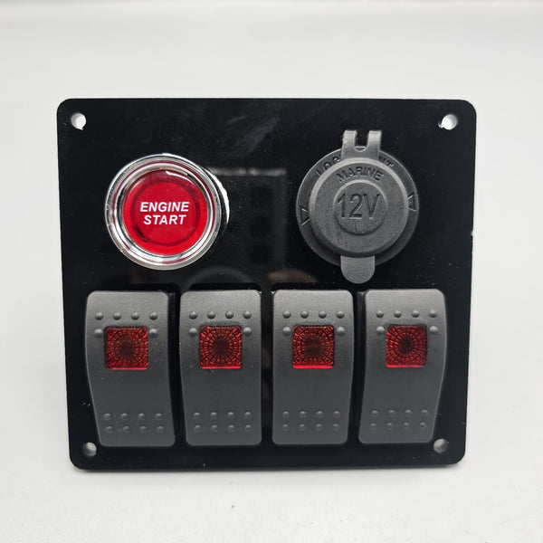 Universal 5-inch Switch Panel With Rocker Switches +12V Power Outlet + Push Button (Red)