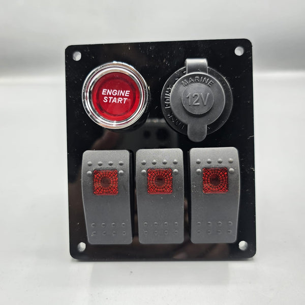 Universal 4-inch Switch Panel With Rocker Switches +12V Power Outlet + Push Button (Red)