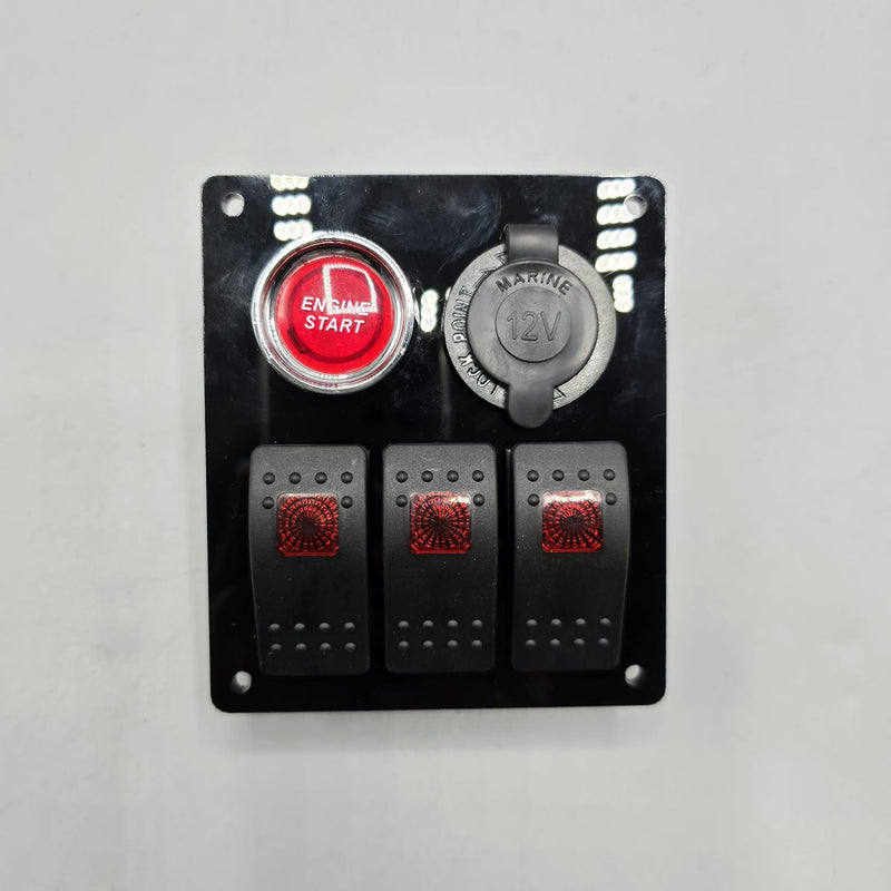 Universal 4-inch Switch Panel With Rocker Switches +12V Power Outlet + Push Button (Red)