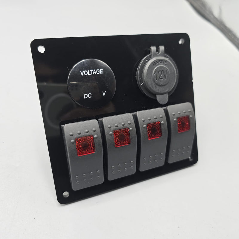 Universal 5-inch Switch Panel With Rocker Switches +12V Power Outlet + LED Voltmeter (Red)