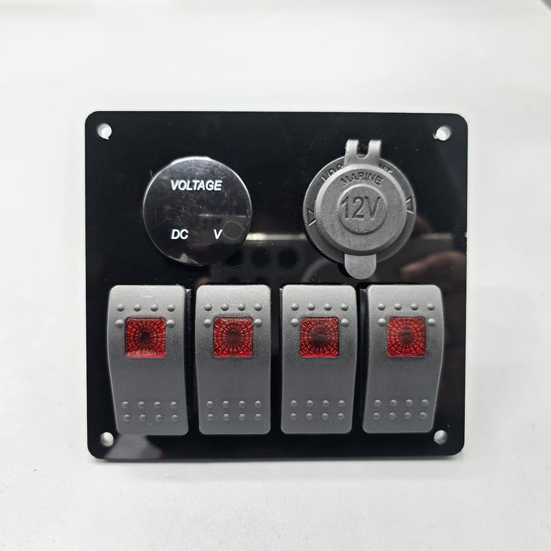 Universal 5-inch Switch Panel With Rocker Switches +12V Power Outlet + LED Voltmeter (Red)