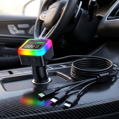 1 Pc Universal Elite Series 3 in 1 Car Charger Dynamic RGB Glow Digital Voltage Display Integrated Triple-Connector Fast Charge Cable