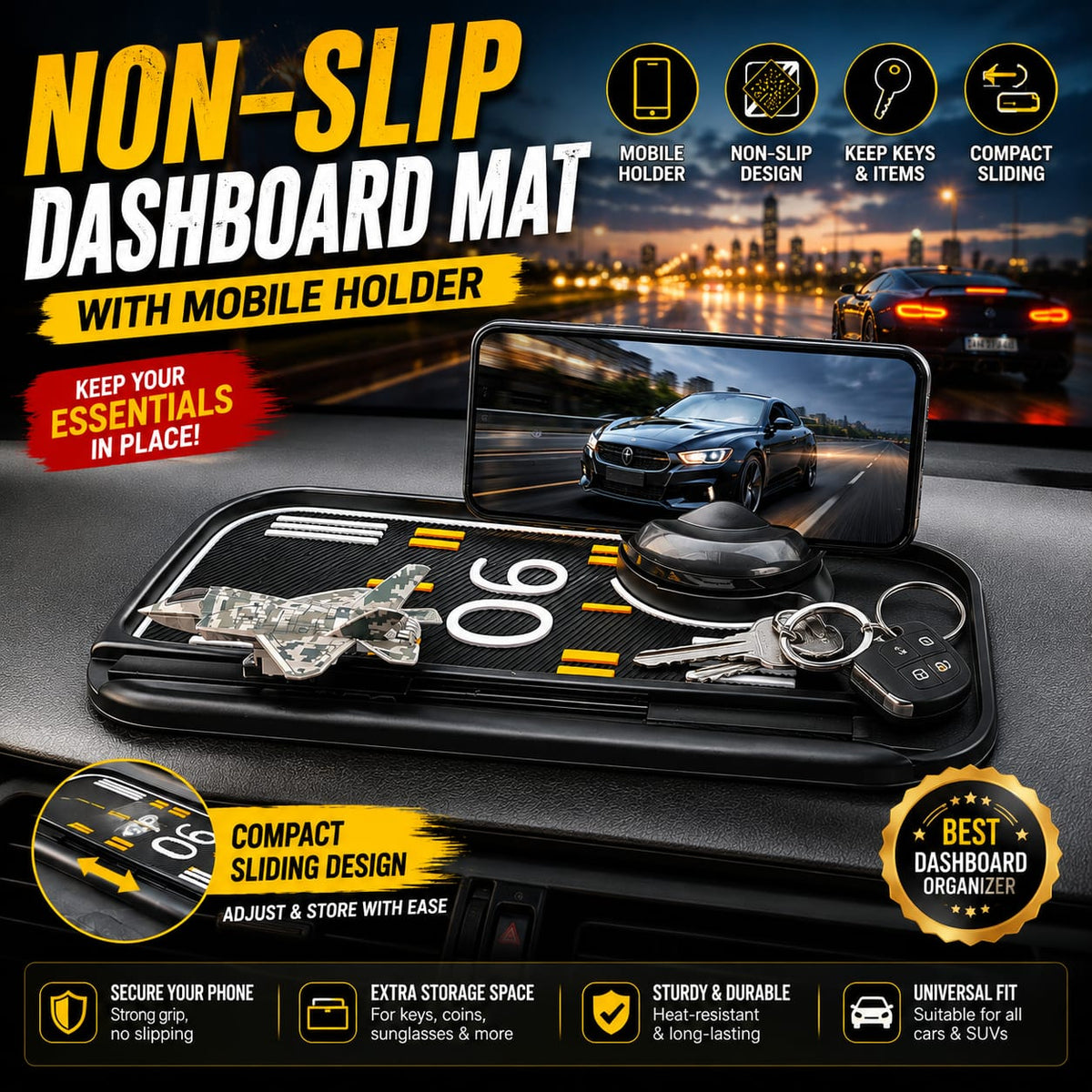 Premium Dashboard Non Slip Mat with Mobile Holder Parking Number Plate Sliding Plane