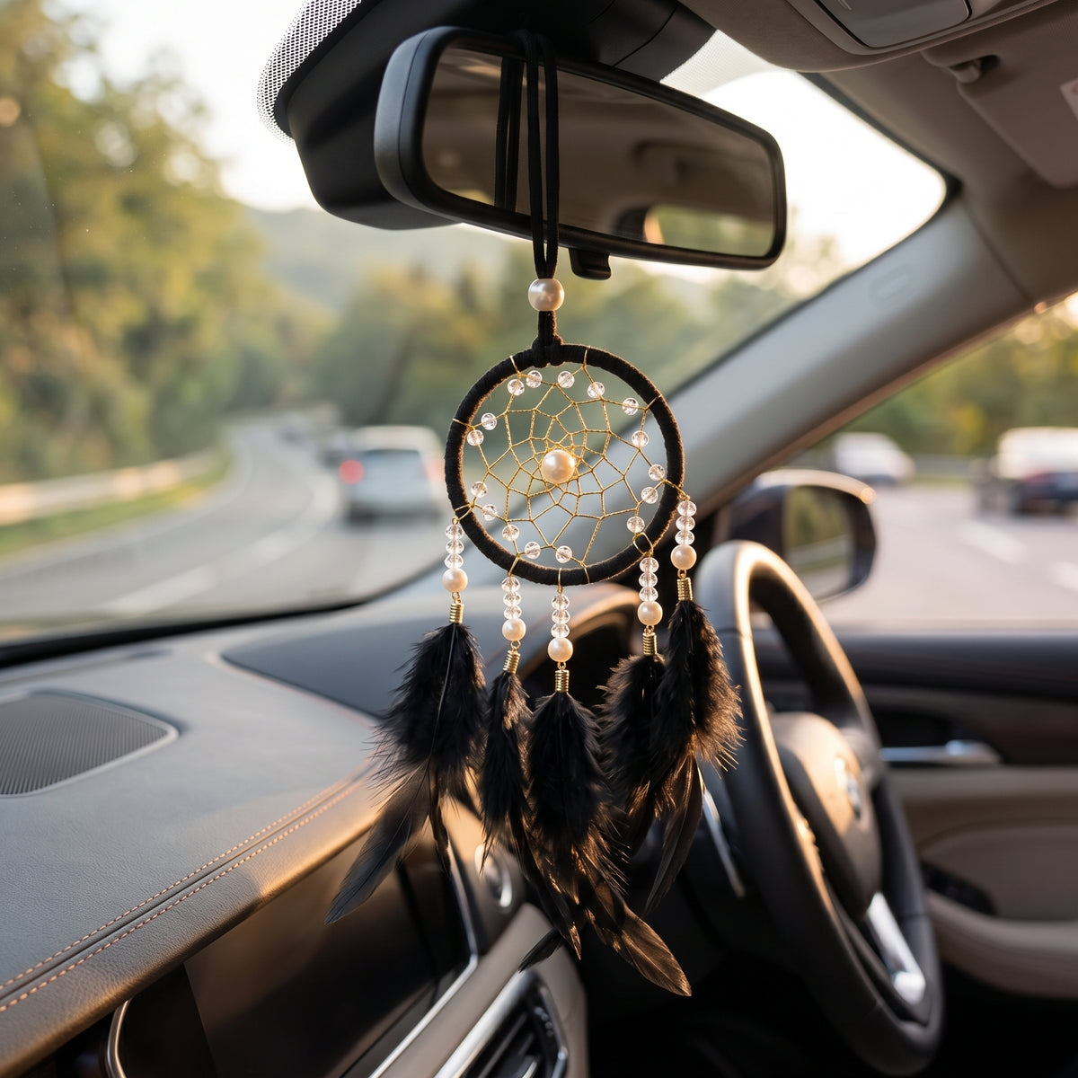 1 Pc Universal Hanging Feather Dreamcatcher Ring For Car in Premium Quality (Black)