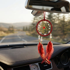 1 Pc Universal Hanging Feather Dreamcatcher Ring For Car in Premium Quality (Red)