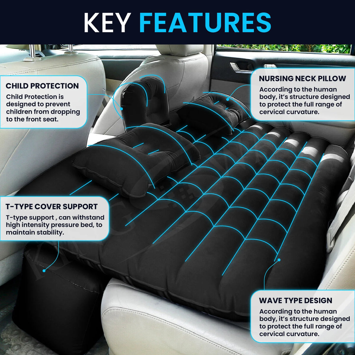 Inflatable Car Bed Mattress for Backseat Black