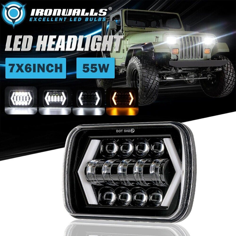 Jeep Square White Amber 5x7 Headlights Turn Signal HI/LO Beam DRL Compatible With Jeep Wrangler 2 Pc