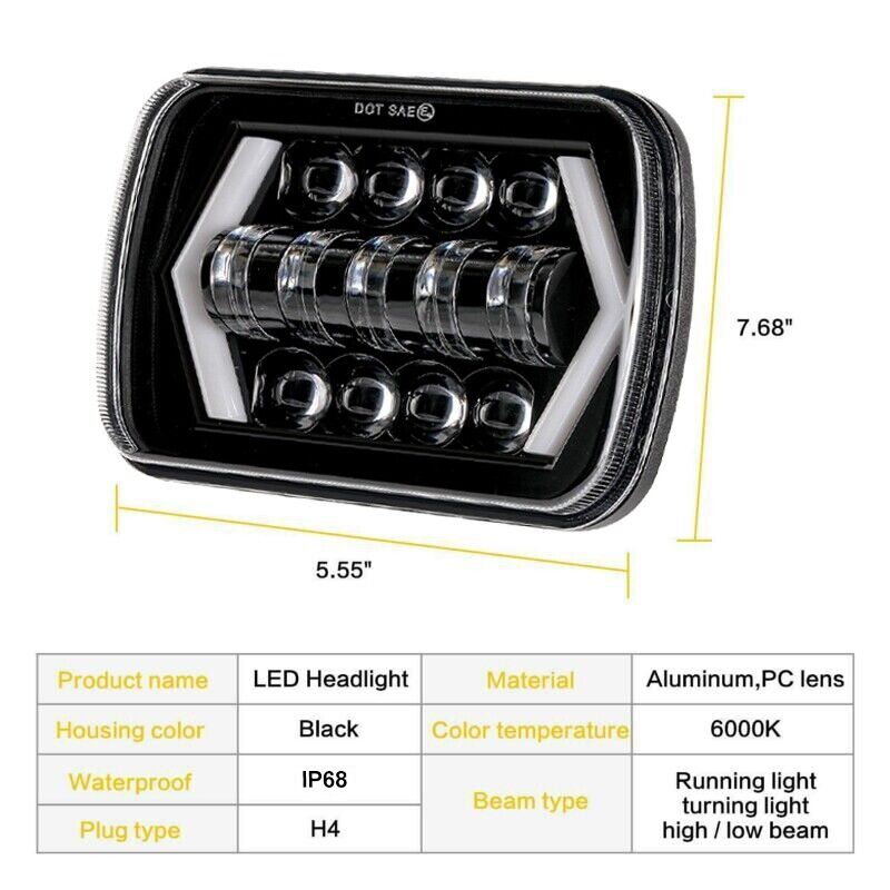 Jeep Square White Amber 5x7 Headlights Turn Signal HI/LO Beam DRL Compatible With Jeep Wrangler 2 Pc