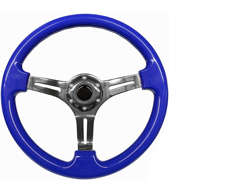 Universal Semi Dish Blue Chrome Steering Wheel In Premium Quality For Car 1 Pc